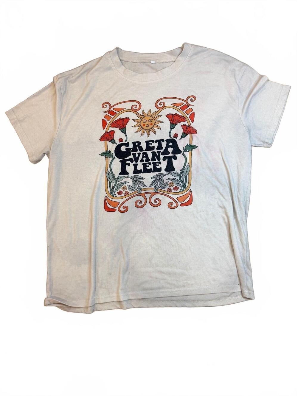 Greta Van Fleet T Shirt XL Cream Floral Sun Graphic Rock Band Tee